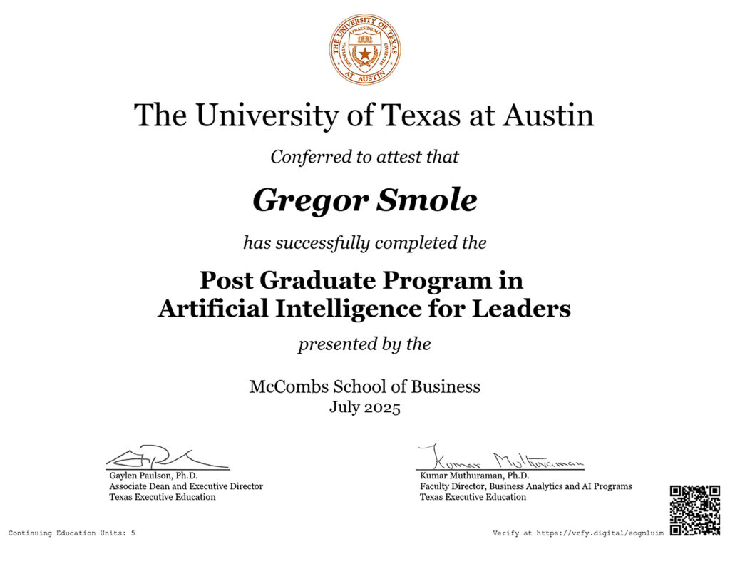 202507_Artificial Intelligence for Leaders _Certificate Gregor Smole _slider